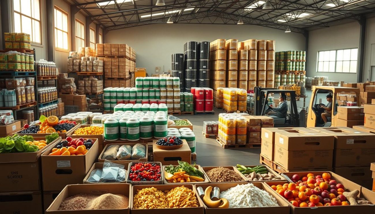 A well-stocked warehouse filled with crates and pallets of diverse beverage ingredients, including vibrant fruits, crisp botanicals, and functional supplements. Soft afternoon light filters through large windows, casting a warm glow across the bustling scene. In the foreground, neatly arranged boxes reveal their contents - powdered vitamins, herbal extracts, and concentrated juices ready to be blended into healthful, flavorful drinks. The middle ground showcases towering stacks of ingredient-filled drums, their labels hinting at the array of beneficial compounds within. In the background, forklifts efficiently navigate the organized chaos, preparing shipments of these functional ingredients to be delivered to beverage manufacturers worldwide.