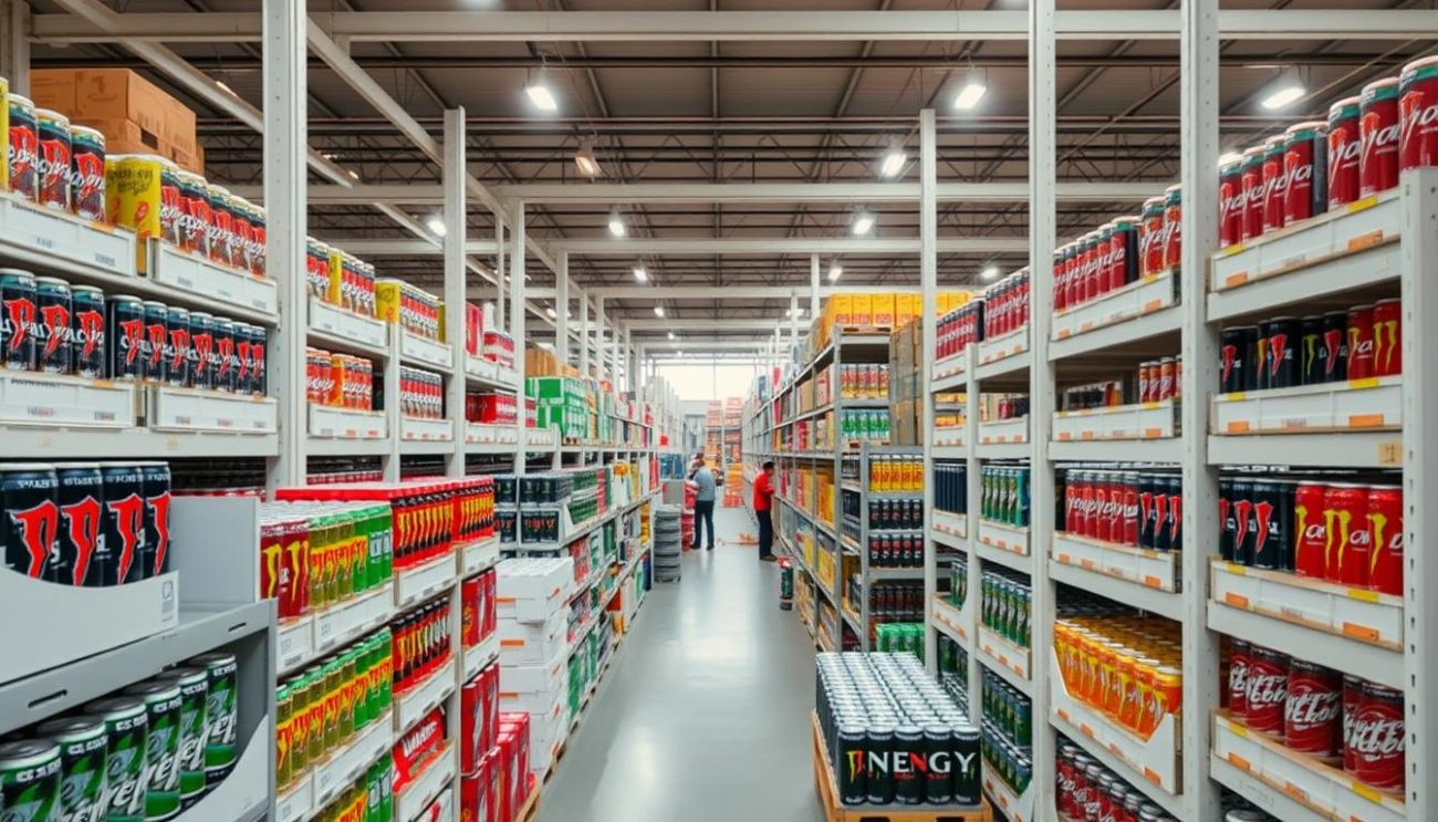 A well-stocked warehouse filled with rows of energy drink cases, their vibrant colors and logos prominently displayed. Pristine white shelves and metal racks under warm, diffused lighting create a professional, organized atmosphere. In the foreground, a variety of popular energy drink brands are neatly arranged, their distinctive packaging catching the eye. The middle ground showcases the scale of the operation, with workers meticulously stocking the shelves. The background reveals the expansive nature of the wholesaler's inventory, hinting at the wide range of products available. Capture the sense of efficiency, quality, and variety that defines this energy drink wholesaler's operations.