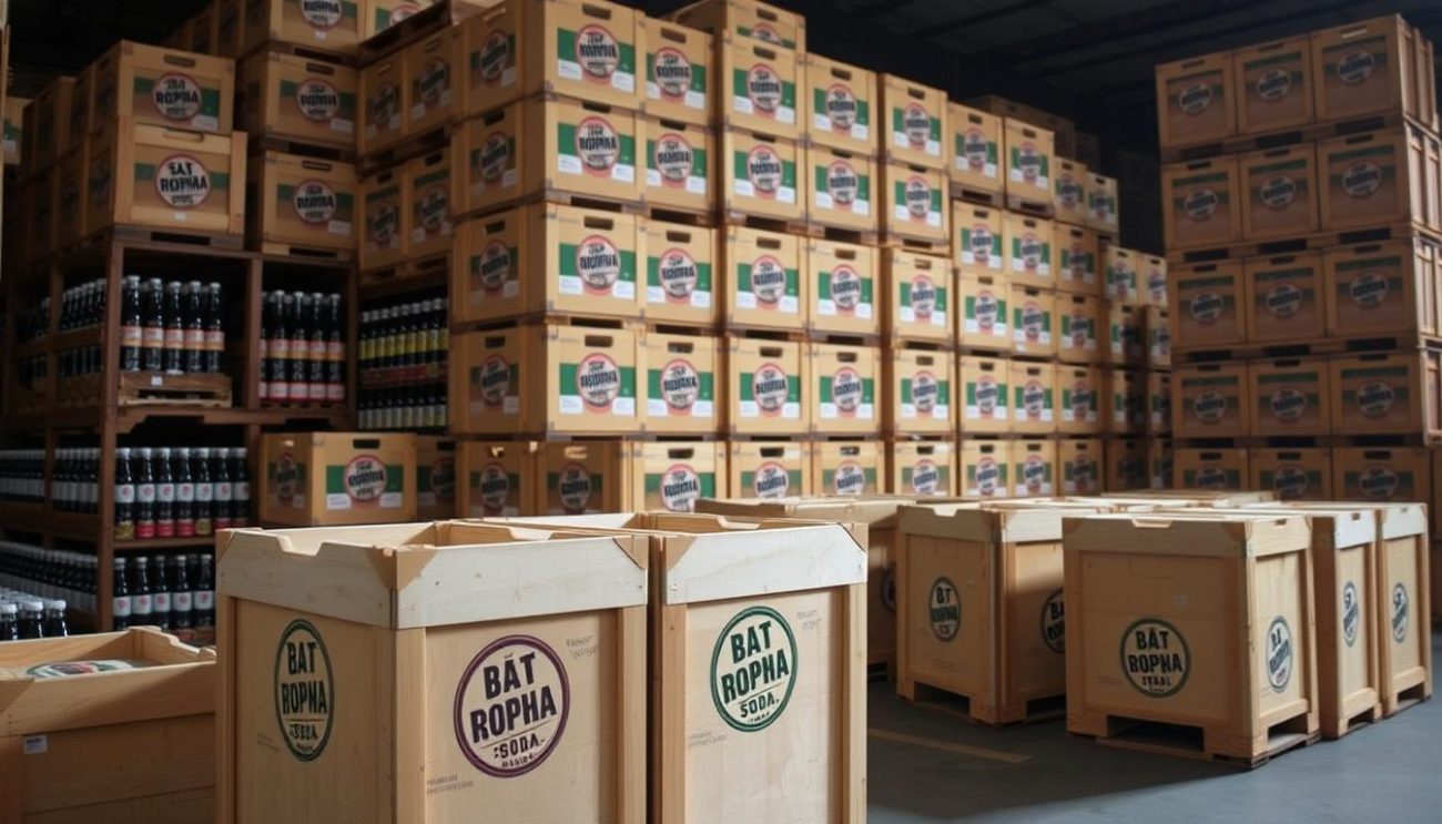 A well-stocked warehouse filled with various beverage options, neatly organized in sturdy wooden crates ready for shipment. Rows of bulky soda crates stacked high, their vibrant labels catching the soft, diffused lighting. The scene conveys a sense of efficiency and attention to detail, showcasing the comprehensive range of craft sodas available for our trusted wholesale partners. In the foreground, a few crates are slightly angled, hinting at the process of carefully preparing the orders. The overall atmosphere is one of professionalism and a commitment to providing a diverse selection of high-quality beverages.