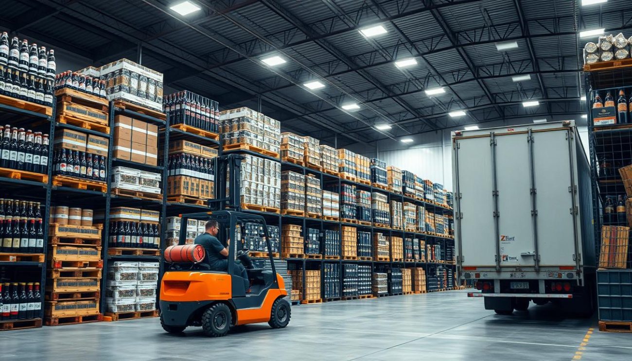 A well-stocked warehouse of an EU beverage export wholesaler, with rows of neatly organized pallets of bottled alcoholic drinks, crates of beer, and barrels of wine. Bright overhead lighting illuminates the scene, casting a warm glow on the products. In the foreground, a forklift operator carefully navigates the space, loading a shipment onto a delivery truck. The background features sleek modern architecture, hinting at the company's sophisticated logistics. The atmosphere conveys efficiency, reliability, and a commitment to quality, reflecting the reputation of "Zeki Frucht" as a trusted bulk alcoholic beverage exporter to the EU.