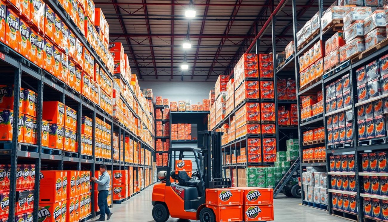A well-stocked warehouse with a variety of Fanta soft drink cases neatly arranged on sturdy metal shelves. The scene is brightly lit by overhead industrial lighting, casting a warm glow on the vibrant orange and red hues of the beverage crates. In the foreground, a worker carefully inspects the inventory, ensuring each order is properly prepared for efficient B2B distribution. The middle ground features a forklift maneuvering between the rows, loading the customized orders onto a delivery truck waiting at the open bay doors. The background showcases the scale of the operation, with more stacked cases stretching into the distance. An atmosphere of organized productivity and attention to customer needs permeates the image.