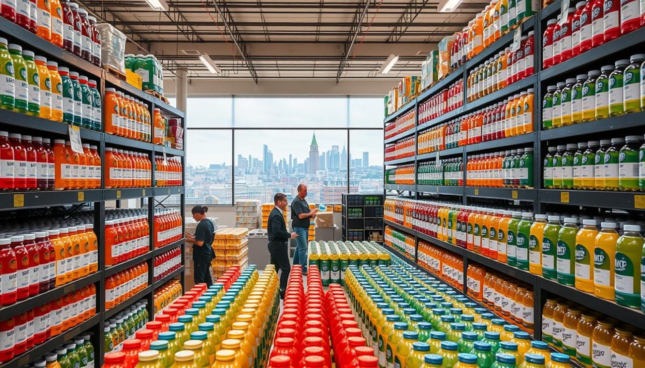 A well-stocked warehouse with rows of colorful isotonic drinks, their labels gleaming under bright, even lighting. In the foreground, a team of efficient workers carefully arranging the products on shelves, conveying a sense of professionalism and attention to detail. The mid-ground features a modern, clean-lined office space, where customers can discuss their needs with knowledgeable sales representatives. In the background, a panoramic view of the bustling UK cityscape, hinting at the brand's widespread distribution and reach. The overall atmosphere exudes reliability, quality, and a commitment to serving the diverse needs of the target market.