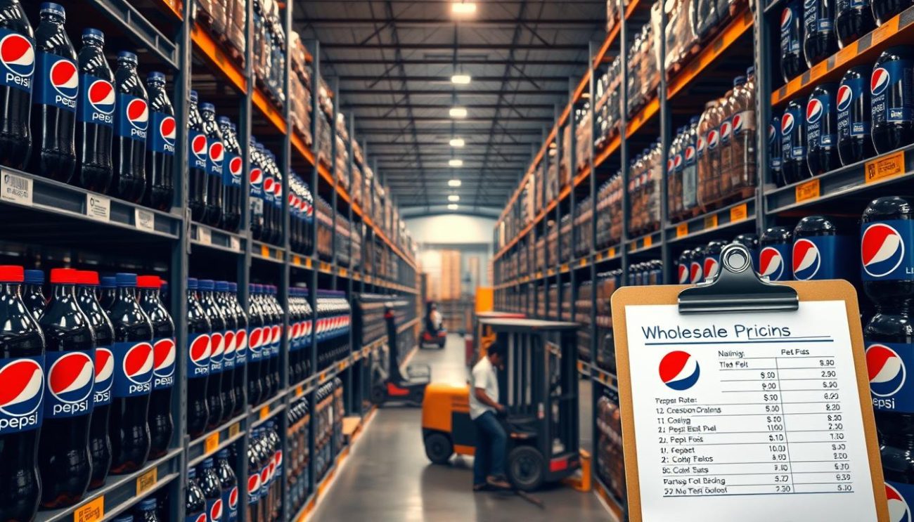 A well-stocked wholesale warehouse, rows of Pepsi bottles neatly arranged on metal shelves. Crisp, warm lighting illuminates the scene, casting a vibrant glow on the iconic blue and red Pepsi labels. In the foreground, a clipboard with pricing details hovers, showcasing the competitive wholesale rates. The middle ground features forklifts and workers efficiently managing the inventory, while the background depicts a modern, efficient distribution hub. The overall atmosphere conveys a sense of reliability, professionalism, and the robust supply chain that powers the Pepsi brand's widespread availability.