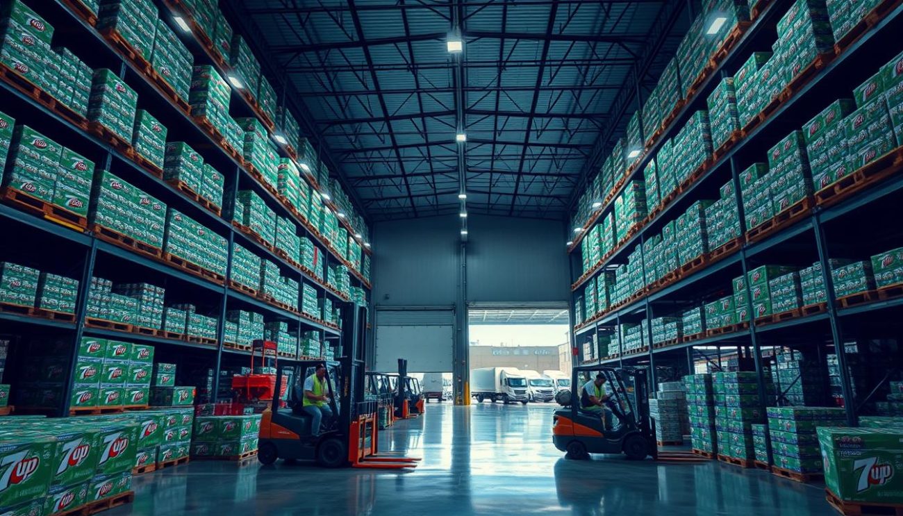 A wholesale 7Up distributor warehouse with a large industrial shelving system, stocked floor-to-ceiling with crates and cases of 7Up bottles and cans. Bright LED lighting casts a cool, crisp tone over the scene. Forklifts and workers in uniforms can be seen moving product. The front of the warehouse has large garage doors open, revealing a fleet of delivery trucks outside. The overall atmosphere conveys efficiency, scale, and the feeling of a well-oiled distribution operation for the popular soda brand.
