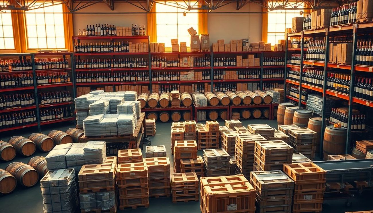 A wholesale alcohol supplier's warehouse in Europe, bathed in warm, golden light from large windows. Rows of wooden barrels and shelves stocked with various premium liquor bottles, reflecting the supplier's diverse product portfolio. In the foreground, a well-organized shipping station with neatly stacked crates, conveyor belts, and experienced workers preparing orders for distribution. The atmosphere exudes a sense of efficiency, quality, and the reliable supply chain that Zeki Frucht is known for. The overall scene conveys the company's competitive advantages in the European alcoholic beverage export market.