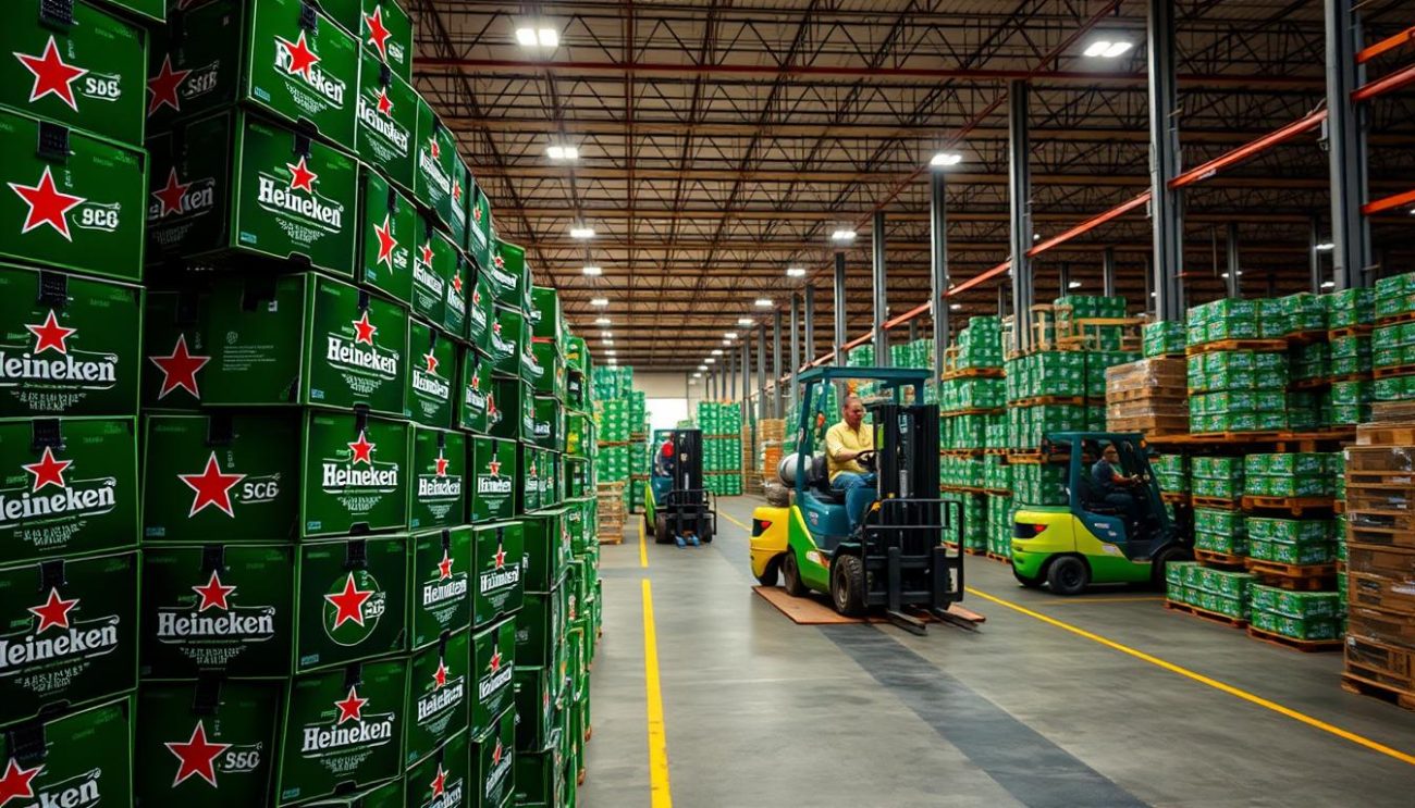 A wholesale beer purchase at a modern, well-stocked Heineken distribution center. In the foreground, stacks of neatly organized Heineken beer cases in their iconic green and red livery. In the middle ground, forklift operators efficiently moving pallets, capturing the hustle and flow of a busy commercial operation. The background reveals the cavernous warehouse space, with high ceilings and industrial lighting casting a warm glow over the scene. The overall atmosphere conveys a sense of efficiency, professionalism, and the scale required to meet the demands of a major beer brand's wholesale distribution.