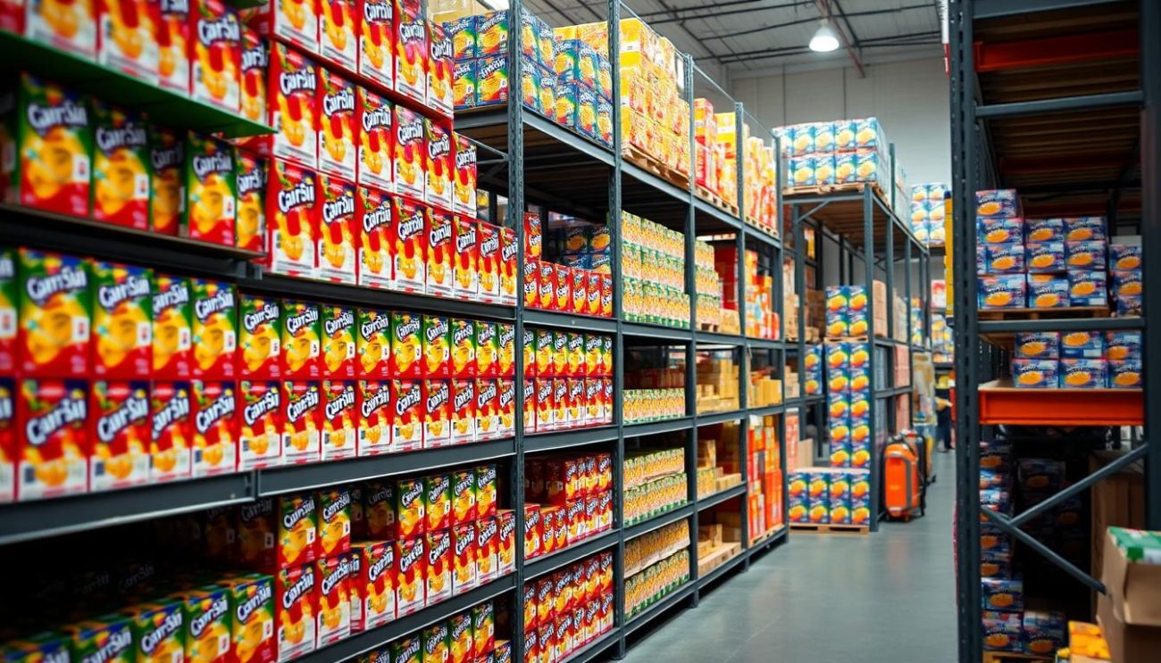 A wide assortment of Capri-Sun juice boxes neatly arranged in a clean, well-lit warehouse setting. The products are displayed on sturdy metal shelves, showcasing the vibrant colors and distinct packaging designs. The lighting is soft and diffused, creating a warm, inviting atmosphere. The camera angle is slightly elevated, providing a comprehensive view of the delivery options. The background is blurred, keeping the focus on the Capri-Sun products. The overall scene conveys a sense of organization, efficiency, and the reliable logistics that a wholesale Capri-Sun supplier can offer.