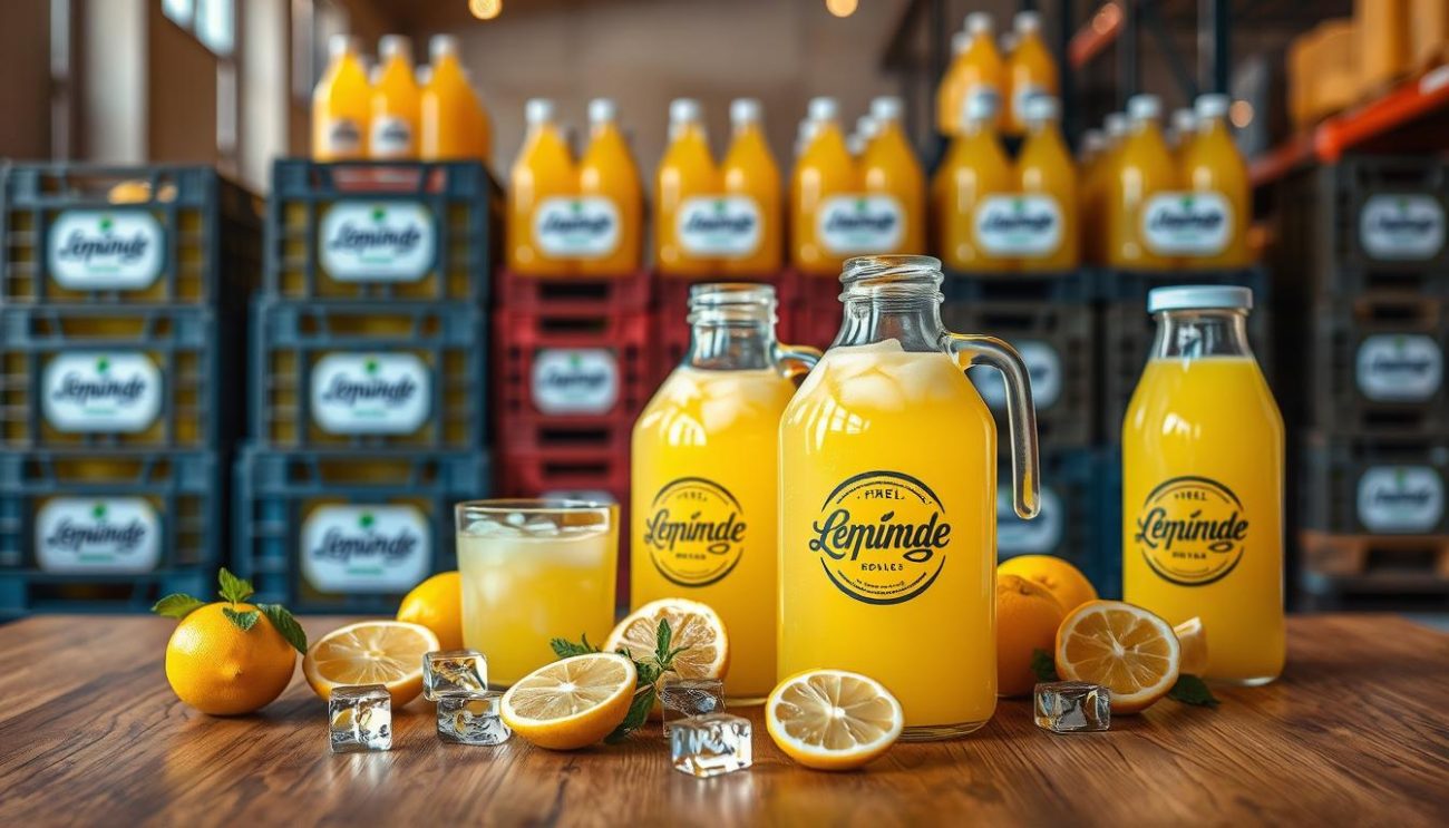 A wooden tabletop showcases a premium lemonade display. In the foreground, large glass jugs brimming with vibrant yellow lemonade take center stage, their contents glistening under warm, natural lighting. Surrounding the jugs, an assortment of fresh lemon slices, sprigs of mint, and ice cubes create an artful arrangement, hinting at the refreshing flavors within. In the middle ground, neatly stacked crates filled with lemonade bottles stand ready for shipment, their labels prominently featuring the brand's logo and signifying the premium quality of the product. The background depicts a softly blurred warehouse setting, suggesting the wholesale availability and bulk ordering capabilities of this trusted lemonade provider.