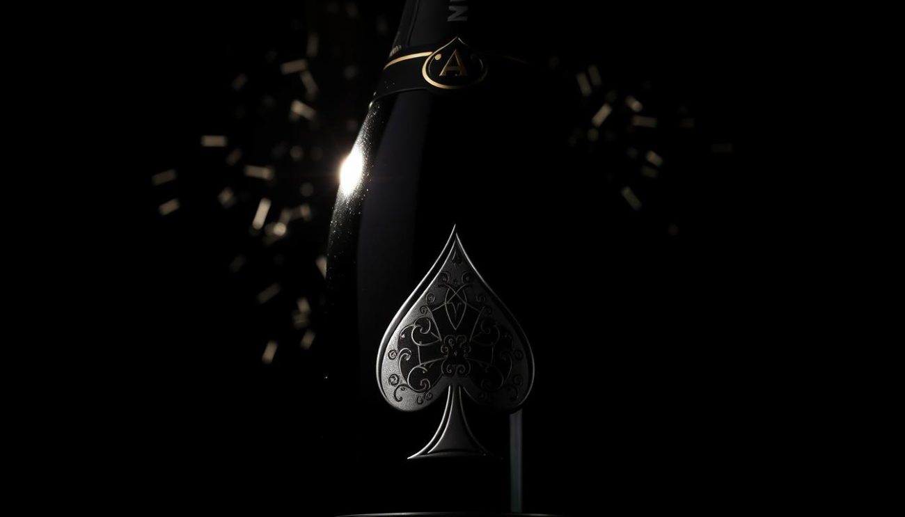 Ace of Spades Champagne: a luxurious bottle with a bold, iconic design. A sleek, glossy black bottle with a striking metallic silver ace of spades emblem emblazoned on the label, set against a dramatic chiaroscuro lighting that casts dramatic shadows and highlights the bottle's elegant contours. The champagne within sparkles brightly, the glass catching the light and refracting it into a dazzling display. The scene is set against a rich, velvety black background, creating an atmosphere of exclusivity and sophistication.