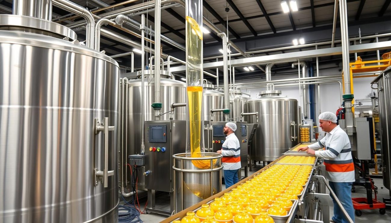 Aceite de girasol al por mayor siendo utilizado en una planta de producción alimentaria