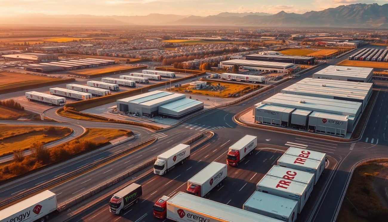 An aerial view of a modern logistics hub for an energy drink distribution company in Europe. In the foreground, a fleet of delivery trucks with the company's vibrant logo and branding expertly navigates a sprawling network of highways and roads. In the middle ground, rows of large warehouses and distribution centers, their facades adorned with sleek signage, exemplify the company's efficient infrastructure. The background reveals the diverse European landscape - rolling hills, bustling cities, and towering mountains - reflecting the market reach and regional presence of this leading energy drink distributor. The scene is bathed in warm, golden-hour lighting, evoking a sense of dynamism and success.