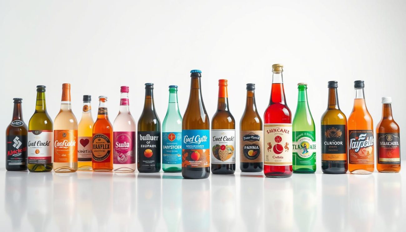 An array of sleek, export-ready beverage bottles arranged in a well-lit, minimalist studio setting. The bottles, featuring bold, colorful labels, are positioned in the foreground, showcasing their premium, high-quality appearance. The middle ground features a seamless, reflective surface, creating a sense of depth and emphasizing the products' visual appeal. The background is a clean, white backdrop, allowing the beverages to take center stage. Soft, directional lighting from the left casts subtle shadows, accentuating the bottles' contours and giving the scene a professional, commercial feel. The overall composition conveys a sense of quality, sophistication, and readiness for international export.