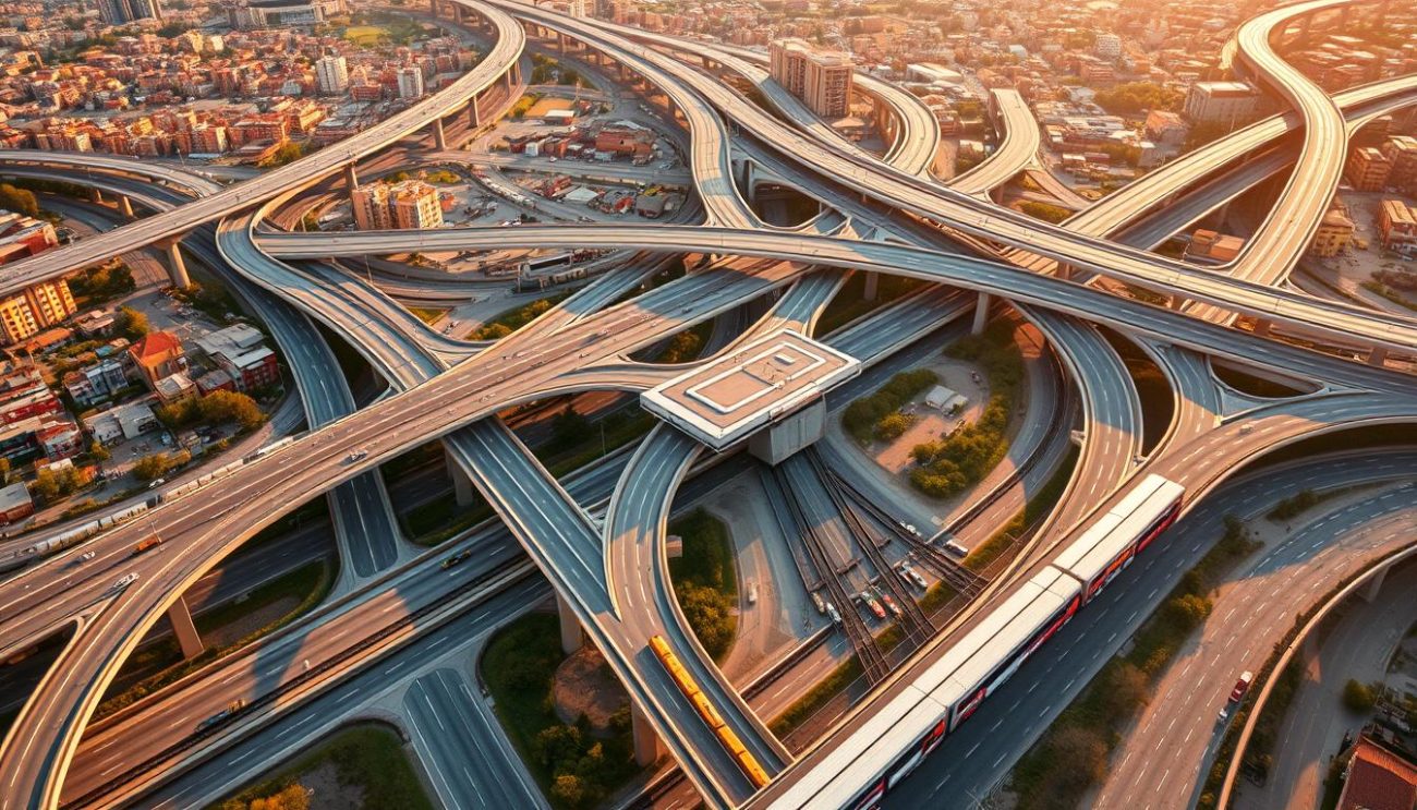 An efficient transportation network with high-resolution aerial view of a modern Spanish city. Intricate roads, highways, and railways crisscross the landscape, connecting residential and industrial areas. Sleek, color-coordinated buses and trains move passengers swiftly, while cargo trucks and freight trains transport goods seamlessly. The cityscape is bathed in warm, golden light, creating a sense of productivity and efficiency. The composition features a balanced, symmetrical layout with a focus on the central transportation hub. Detailed depictions of infrastructure, such as bridges, overpasses, and intermodal terminals, showcase the advanced logistics and distribution system. The overall atmosphere conveys a well-organized, sustainable, and technologically advanced transportation network serving the needs of the region.