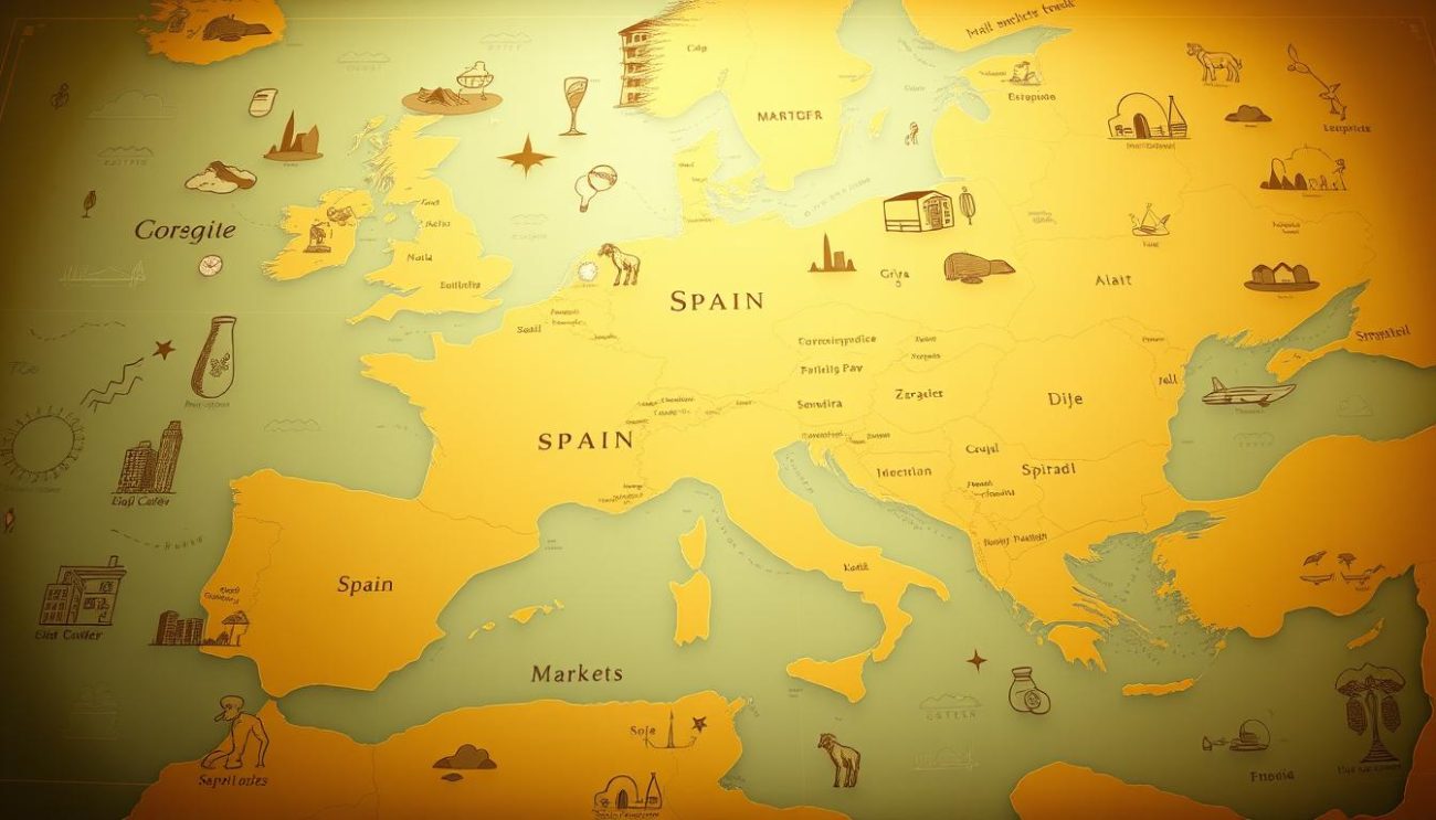 An expansive map of Europe sprawls across the frame, with Spain highlighted in the foreground. Surrounding it, dynamic icons and illustrations depict the diverse markets for goat milk powder - from bustling city skylines to pastoral rural landscapes. Warm, golden lighting casts a vibrant glow, highlighting the intricate details of the map and icons. The composition conveys a sense of global reach and opportunity, inviting the viewer to imagine the far-reaching potential of this premium dairy product. Subtle textures and a slight vintage aesthetic lend an air of authenticity and quality to the scene.