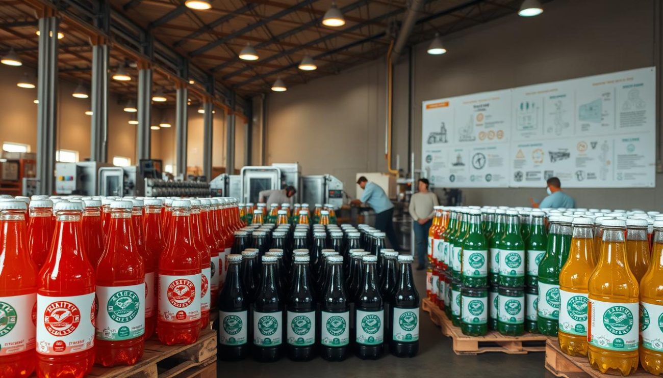 An expansive warehouse interior bathed in warm, diffused lighting. In the foreground, neatly stacked pallets of craft soda bottles in various flavors, their labels proudly displaying quality assurance seals and compliance badges. The midground features rows of automated quality control stations, technicians in crisp uniforms diligently inspecting each batch. In the background, a wall-mounted display showcases diagrams and infographics detailing the rigorous safety protocols and industry standards adhered to, creating an atmosphere of professionalism and meticulous attention to detail. The overall scene conveys a sense of operational excellence, where quality assurance is the cornerstone of the business.