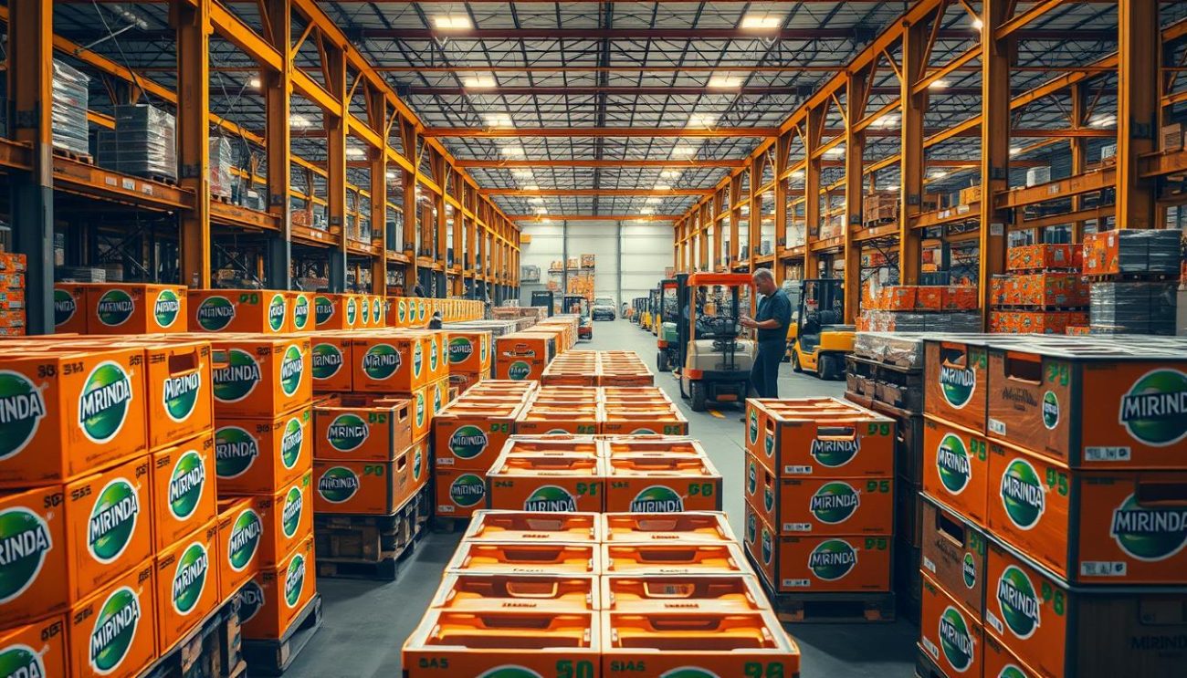 An expansive warehouse interior, bathed in warm industrial lighting. In the foreground, rows of neatly stacked Mirinda soda crates are ready for shipment, their vibrant orange hues a testament to the brand's quality. In the middle ground, workers carefully inspect each crate, ensuring consistent packaging and labeling. The background reveals a bustling logistics operation, with forklifts transporting additional pallets and a sense of efficiency permeating the scene. The overall composition conveys a climate of competitive pricing, rigorous quality control, and a well-oiled distribution network serving the European market.
