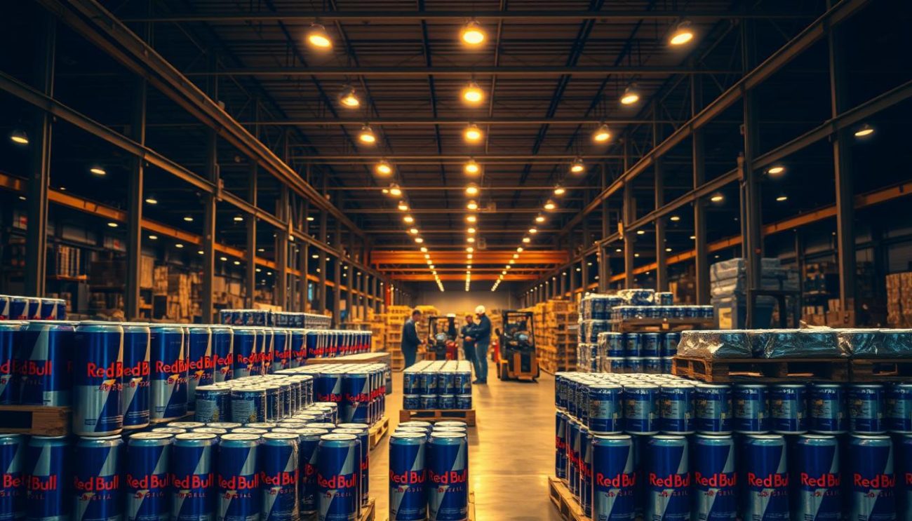 An expansive warehouse interior, dimly lit by warm industrial lighting. In the foreground, rows of Red Bull 250ml cans are neatly stacked on sturdy wooden pallets, ready for shipment. The middle ground reveals a team of logistics experts carefully inspecting the inventory, ensuring the quality and integrity of the products. In the background, a network of conveyor belts and forklifts moves efficiently, capturing the dynamic flow of the energy drink market's supply chain. The scene conveys a sense of precision, innovation, and the rising demand for this popular beverage.