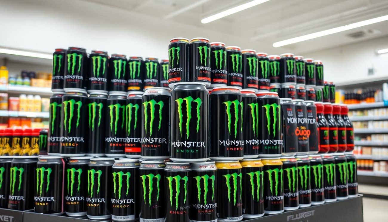 An image of a large, well-stocked display of Monster Energy cans and bottles in a modern European supermarket or specialty beverage store. The cans and bottles are arranged neatly and prominently, showcasing the iconic Monster branding and various flavor varieties. The lighting is bright and even, highlighting the vibrant colors and sleek design of the Monster Energy packaging. The scene conveys a sense of abundance, quality, and accessibility, inviting the viewer to easily purchase Monster Energy in bulk. The background features clean, minimalist shelving or display fixtures, allowing the Monster Energy products to be the focal point.