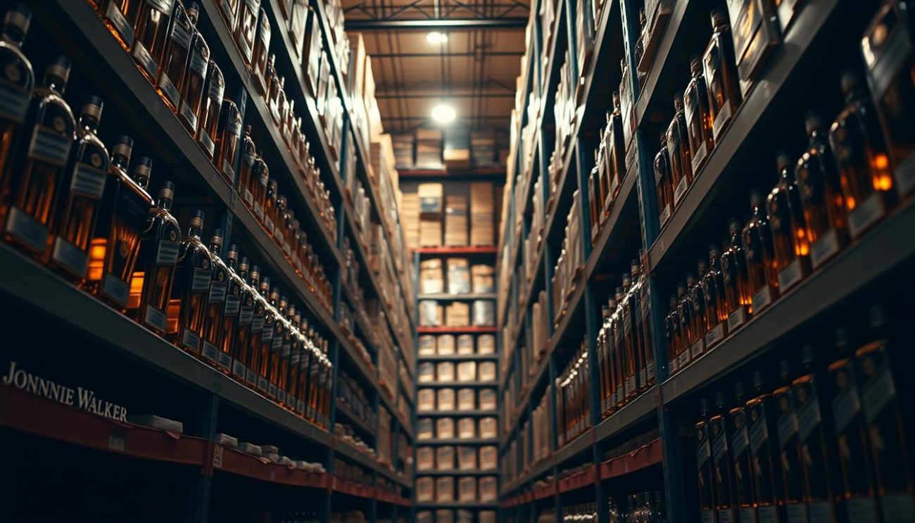 An image of a warehouse interior with shelves stocked with Johnnie Walker Platinum Label bottles, shot from a low angle with warm, diffused lighting. The bottles are arranged neatly, conveying a sense of organization and abundance. The focus is on the Platinum Label bottles, with the background blurred to emphasize the product. The overall mood is one of quality, exclusivity, and the advantages of purchasing Johnnie Walker in bulk for wholesale distribution.