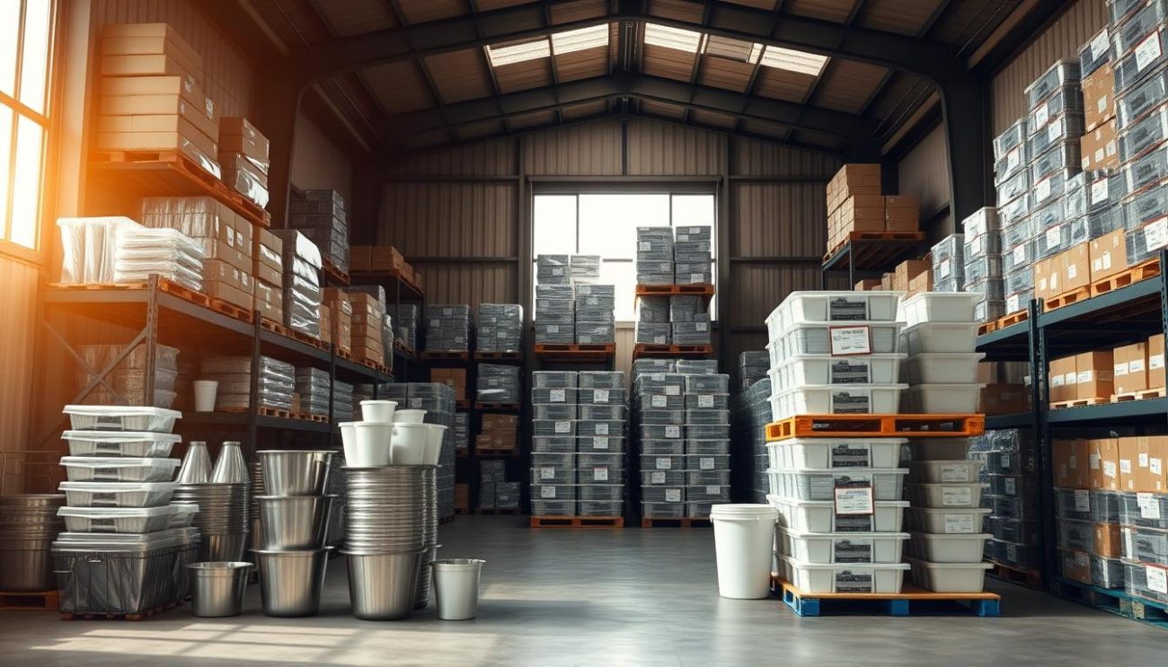 An industrial-style warehouse setting with shelves full of neatly stacked, sustainable mixer packaging solutions. In the foreground, a selection of reusable, eco-friendly containers made from recycled materials like glass, metal, and biodegradable plastics are showcased. The middle ground features pallet racks holding bulk shipments, ready for distribution to bars and restaurants. Warm, natural lighting filters in through large windows, casting a soft glow on the carefully organized warehouse inventory. The overall atmosphere conveys a sense of environmental responsibility and commitment to sustainable supply chain practices.