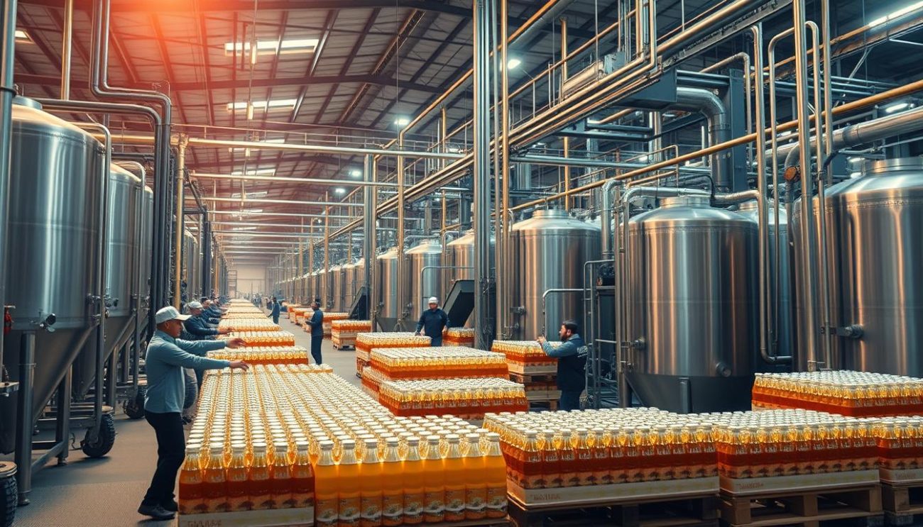 An industrial warehouse filled with state-of-the-art beverage production machinery. Gleaming metal tanks, pipes, and conveyor belts stretch across the cavernous space, bathed in warm, diffused lighting. In the foreground, workers meticulously arrange pallets of bottled beverages, ready to be shipped across Europe. The scene exudes efficiency, innovation, and a commitment to quality, reflecting the halal soft drink distributor's expertise in leveraging technology for reliable, large-scale production.