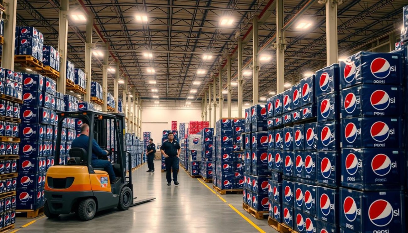 An industrial warehouse with rows of stacked Pepsi cases, illuminated by warm overhead lighting. In the foreground, a forklift operator carefully navigates the pallets, while in the middle ground, workers in uniforms oversee the loading and unloading process. The background showcases the expansive facility, with high ceilings and a clean, organized layout. The scene conveys a sense of efficiency and reliability, reflecting the professionalism and expertise of the bulk Pepsi supplier, Zeki Frucht GmbH.
