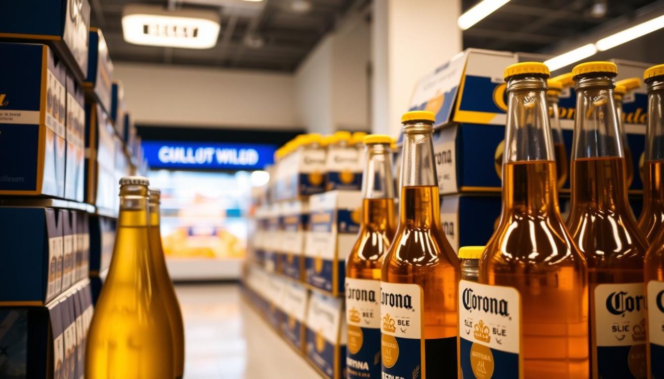 An inviting display of Corona beer bottles stacked in a well-lit, modern supermarket aisle. The bottles glisten under the warm, soft lighting, their iconic blue labels and gold crests creating a visually striking arrangement. In the foreground, a few bottles are prominently featured, highlighting the brand's premium quality and appeal. The middle ground showcases a larger, organized display of the beer cases, neatly arranged to create a sense of abundance and availability. The background subtly blends into a clean, minimal store environment, emphasizing the product's centrality. The overall scene conveys a sense of customer-centric service, quality, and a welcoming shopping experience.