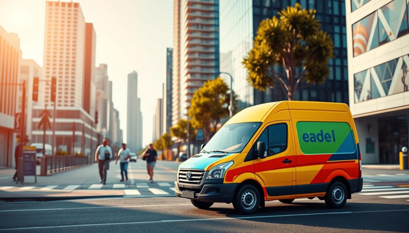An urban street scene with a focus on a delivery van prominently in the foreground. The van is painted in bright, vibrant colors with the company logo clearly visible. In the middle ground, there are pedestrians casually walking along the sidewalk, creating a sense of activity and energy. The background features a row of modern, high-rise buildings, hinting at the urban setting. The lighting is a mix of warm, natural sunlight and the cool, blue tones of the city, creating a visually striking contrast. The overall atmosphere conveys a sense of efficiency, reliability, and accessibility, reflecting the "Fast and Efficient Delivery" theme.
