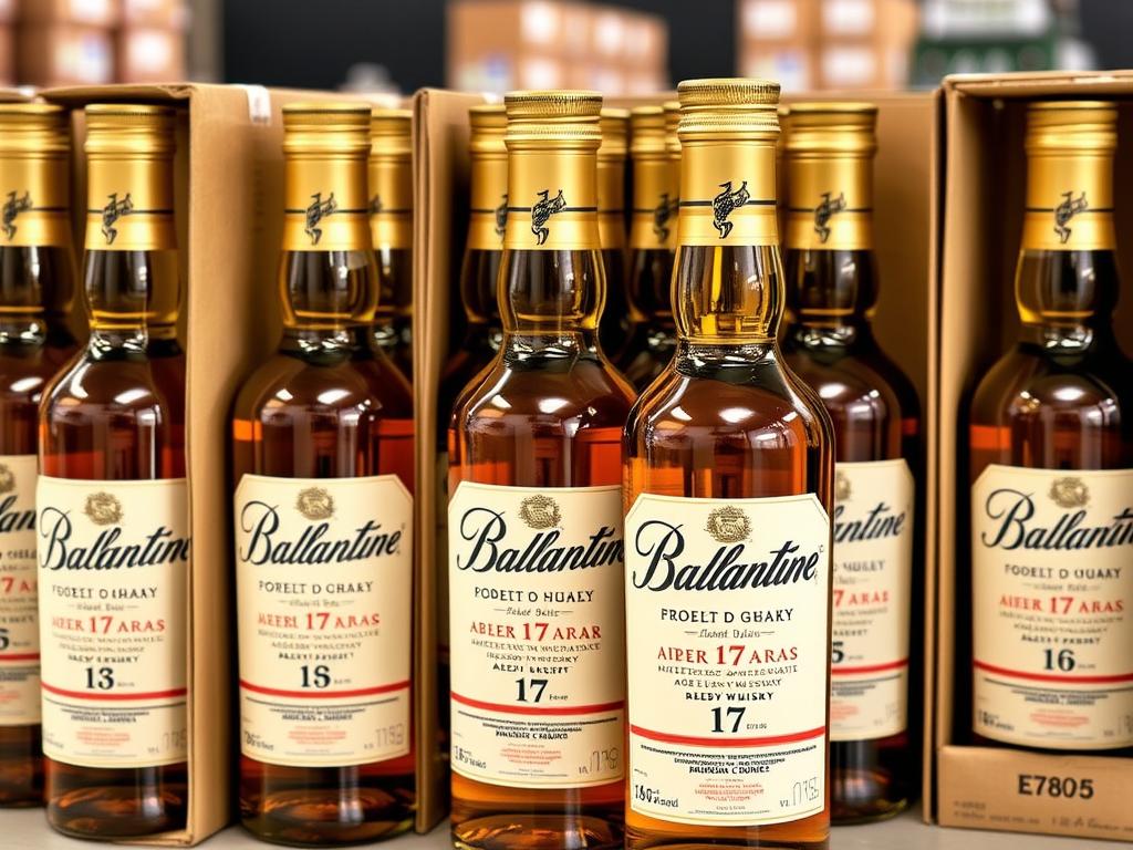 Ballantine's 17-year aged blend whisky bottles in wholesale packaging with shipping labels for bulk orders