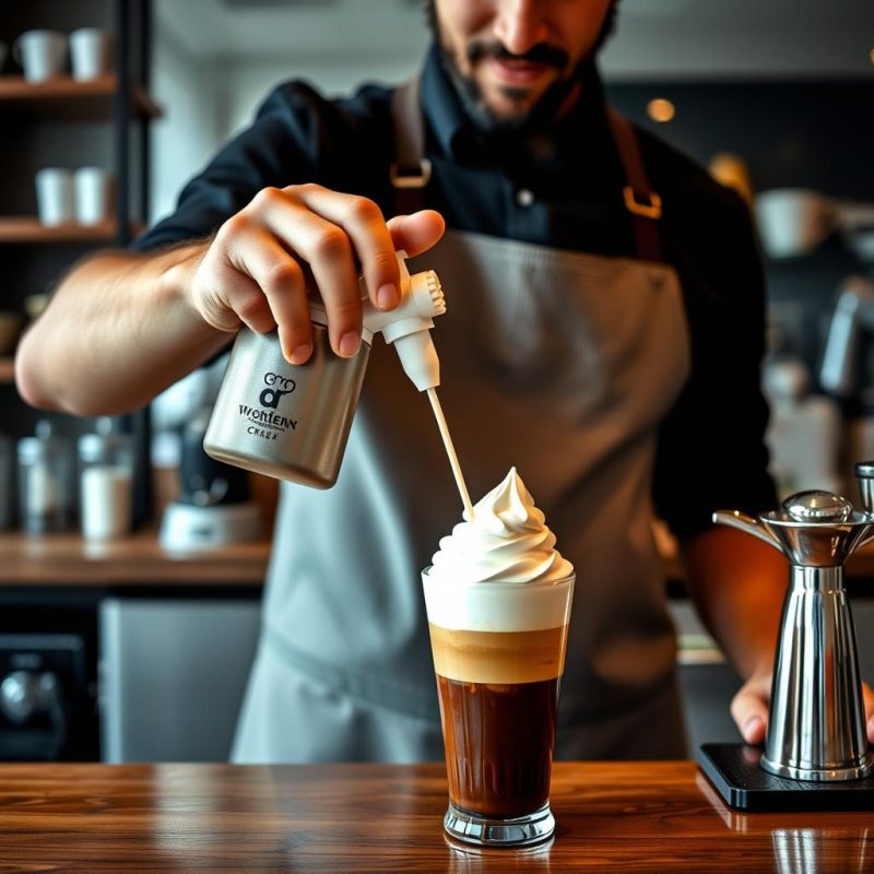 Barista using cream charger for coffee topping
