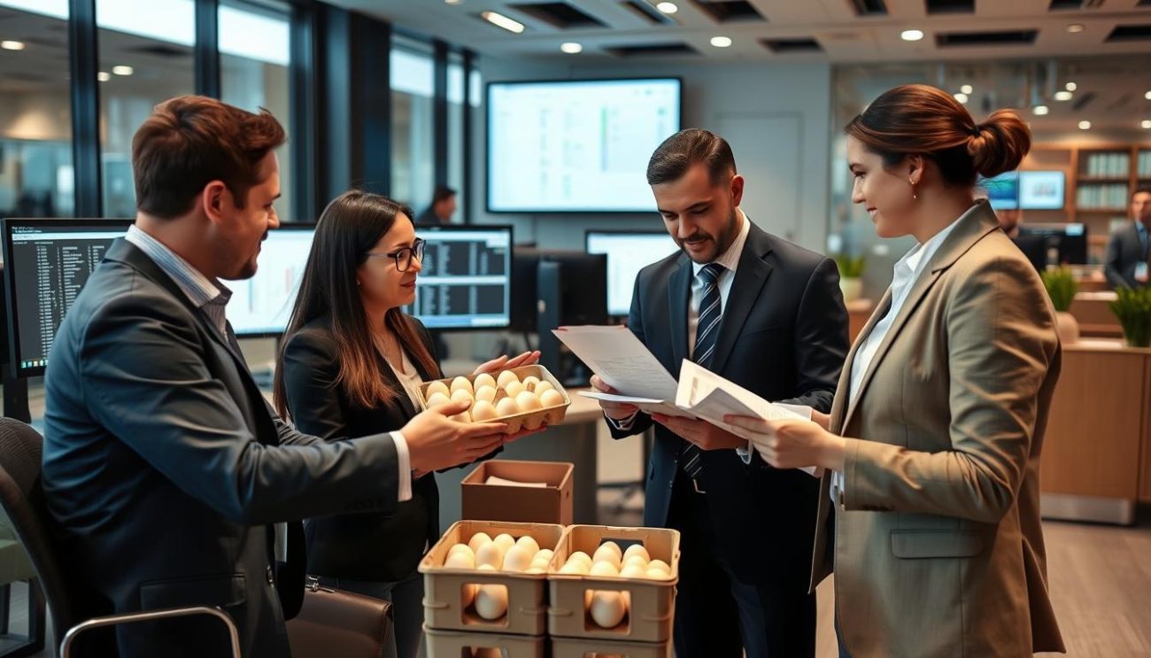 Business professionals discussing fresh table eggs wholesale order details