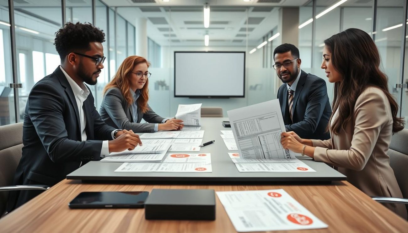 Business professionals reviewing Coca-Cola wholesale order documents and logistics plans