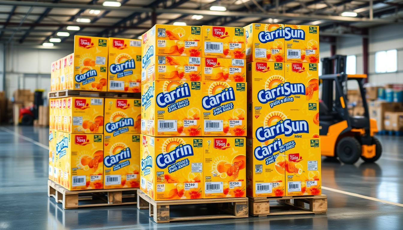 Capri Sun wholesale price list and bulk packages on pallets in warehouse