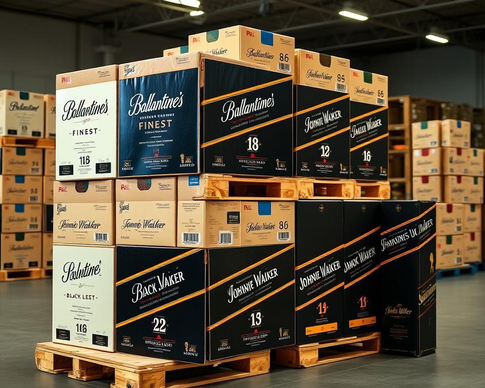 Cases of Ballantine's and Johnnie Walker Black Label whisky stacked on pallets for luxury alcohol wholesale deals