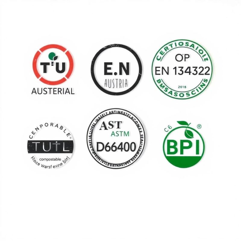 Certification logos for sustainable food packaging including TÜV Austria and EN 13432