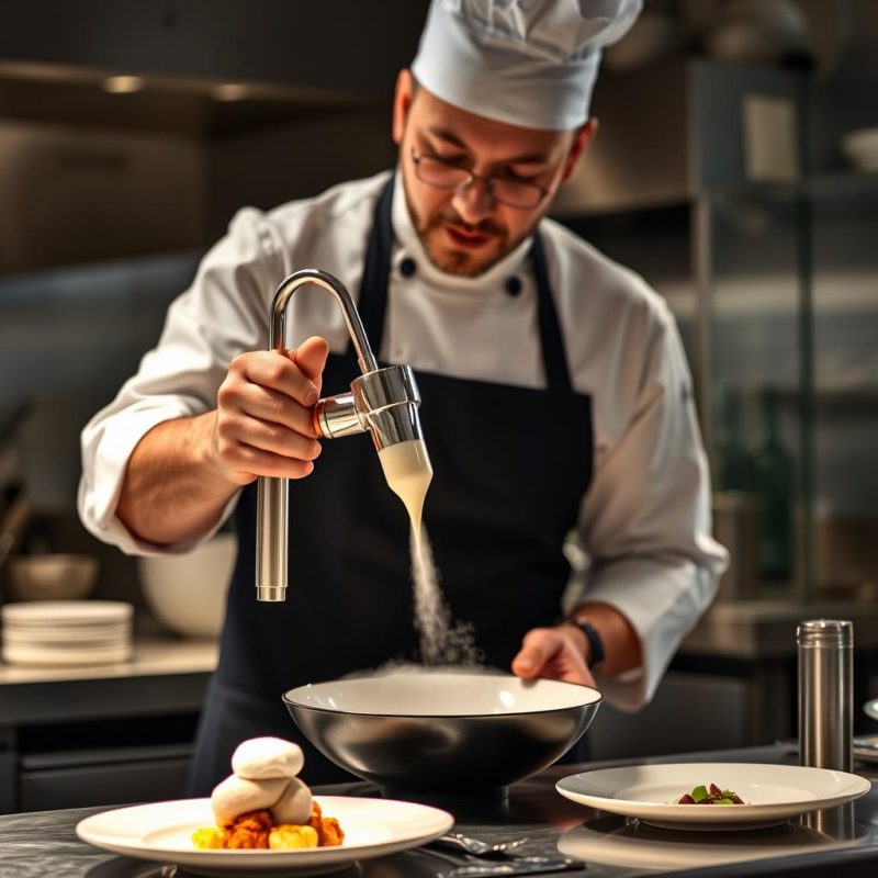 Chef creating culinary foam with cream charger