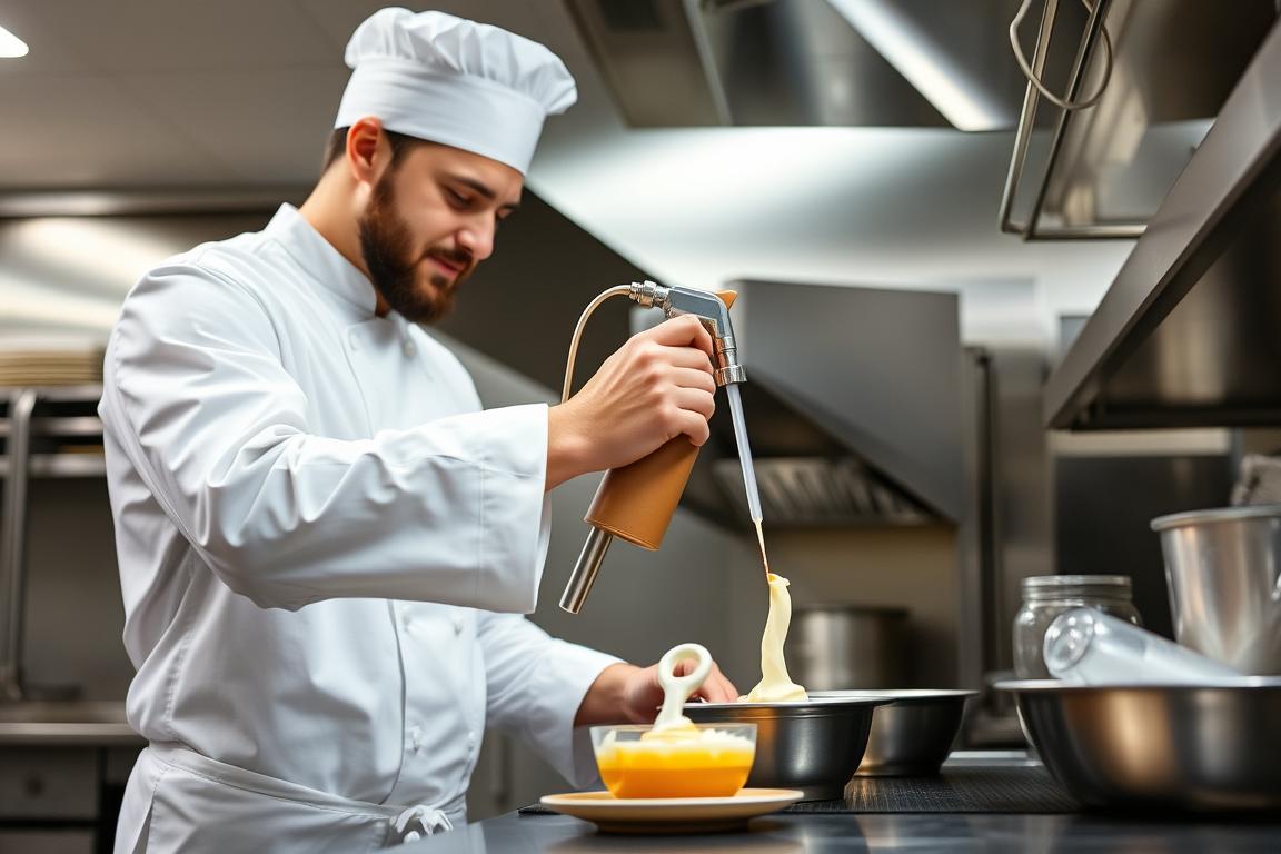 Chef using cream charger in professional kitchen