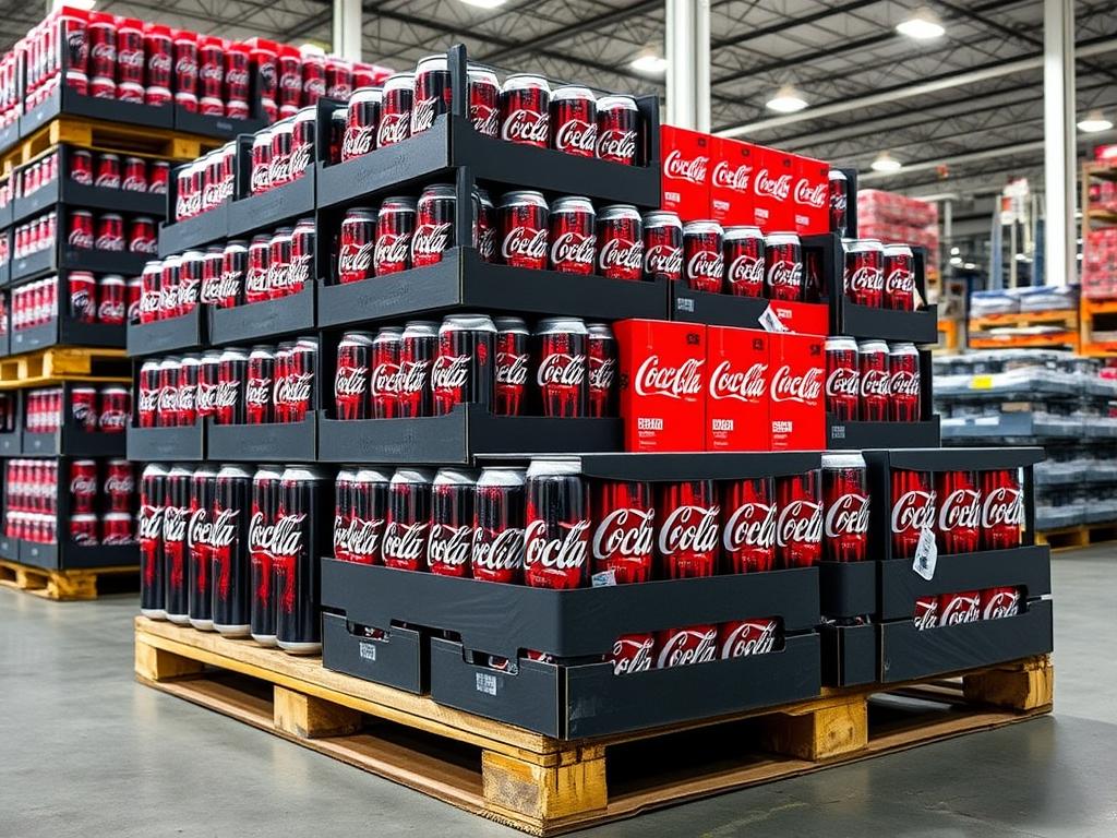 Coca-Cola 330ml cans in wholesale trays ready for distribution to retailers
