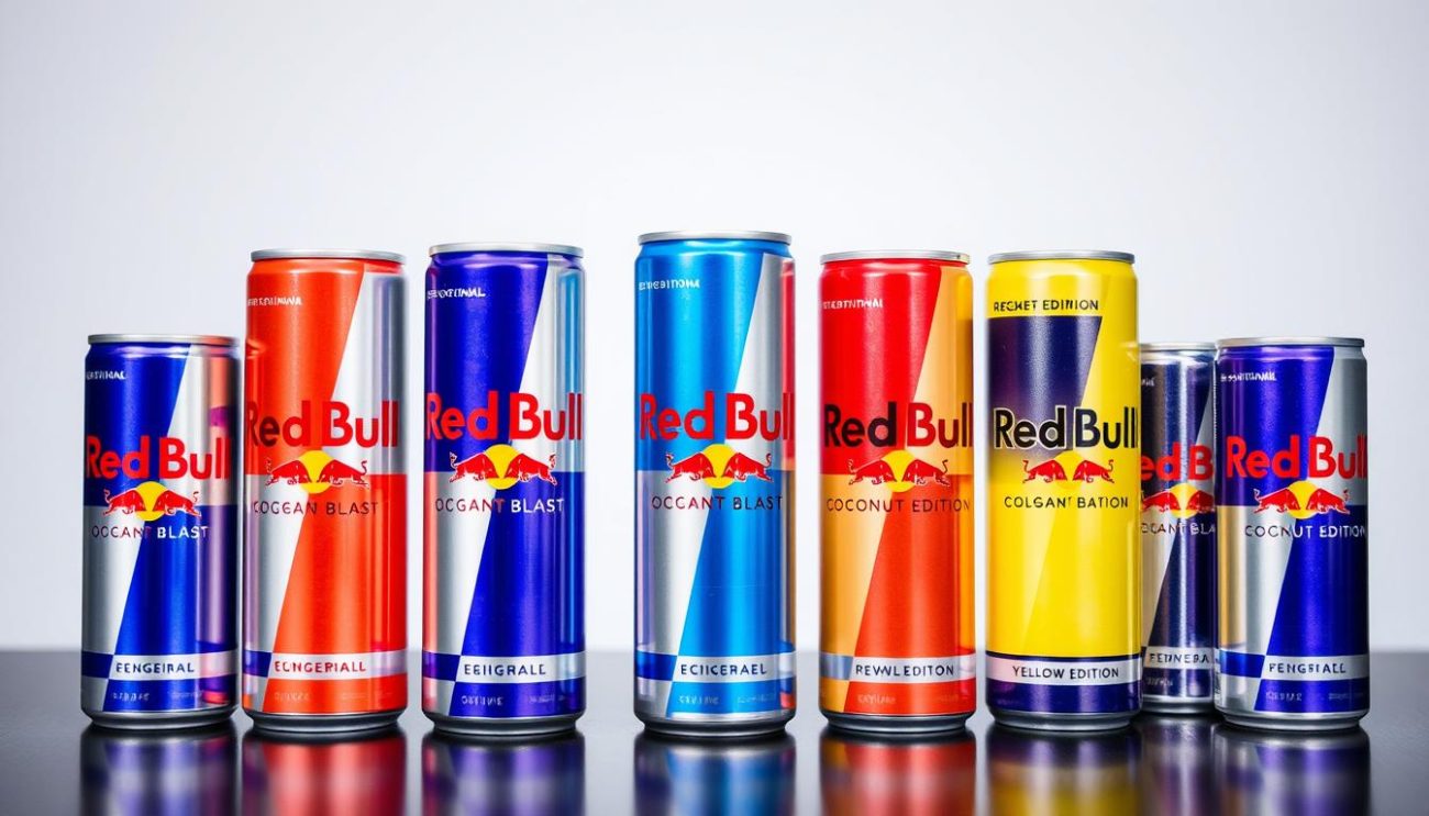 Complete Red Bull flavor lineup showing all available editions including Ocean Blast and Peach Complete Red Bull flavor lineup showing all available editions including Ocean Blast and Peach