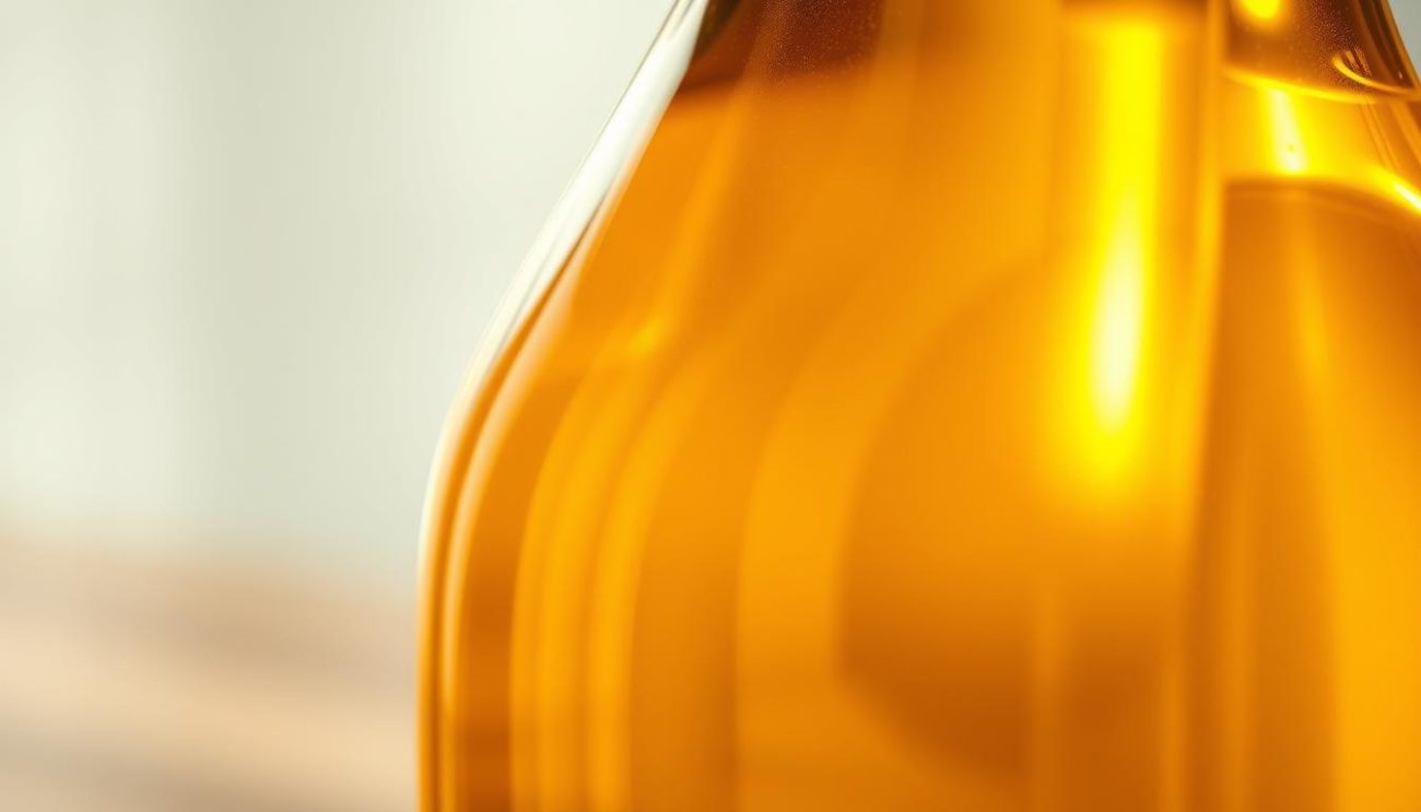 Detailed close-up of bulk canola oil in a transparent glass container, illuminated by warm, natural light from the side. The oil has a golden, translucent hue, glistening with subtle reflections. The container's glass surface is clean and pristine, allowing the viewer to clearly see the viscous, flowing liquid. The background is blurred, but suggests a calm, uncluttered environment, allowing the canola oil to be the sole focus of the image. The composition emphasizes the purity, quality, and natural appeal of the canola oil, showcasing its distinctive visual properties compared to other vegetable oils.