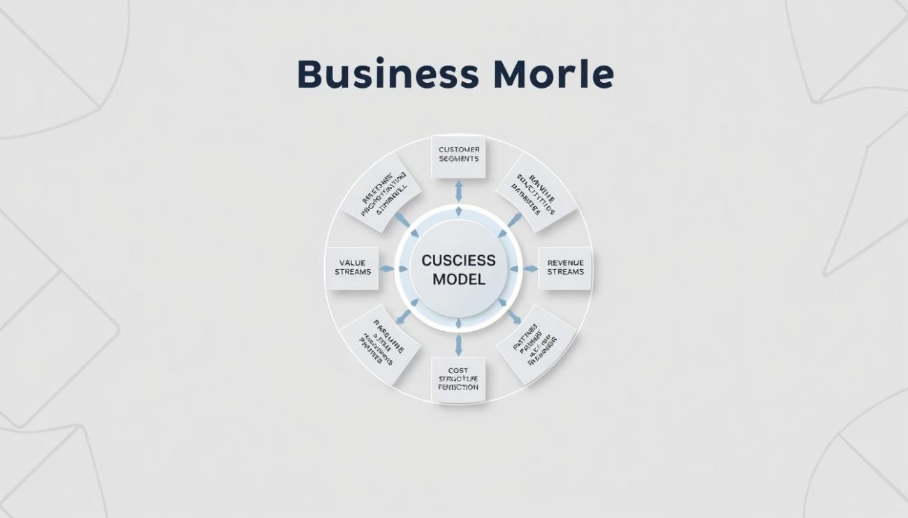 Detailed illustration of a modern business model concept. A striking, well-lit central diagram showcasing the core components - customer segments, value propositions, channels, revenue streams, key activities, resources, partners, and cost structure. Surrounded by a clean, minimalist background with subtle geometric patterns and muted colors that convey professionalism and sophistication. The overall composition should be visually captivating and communicate the essence of an effective, streamlined business model at a glance.