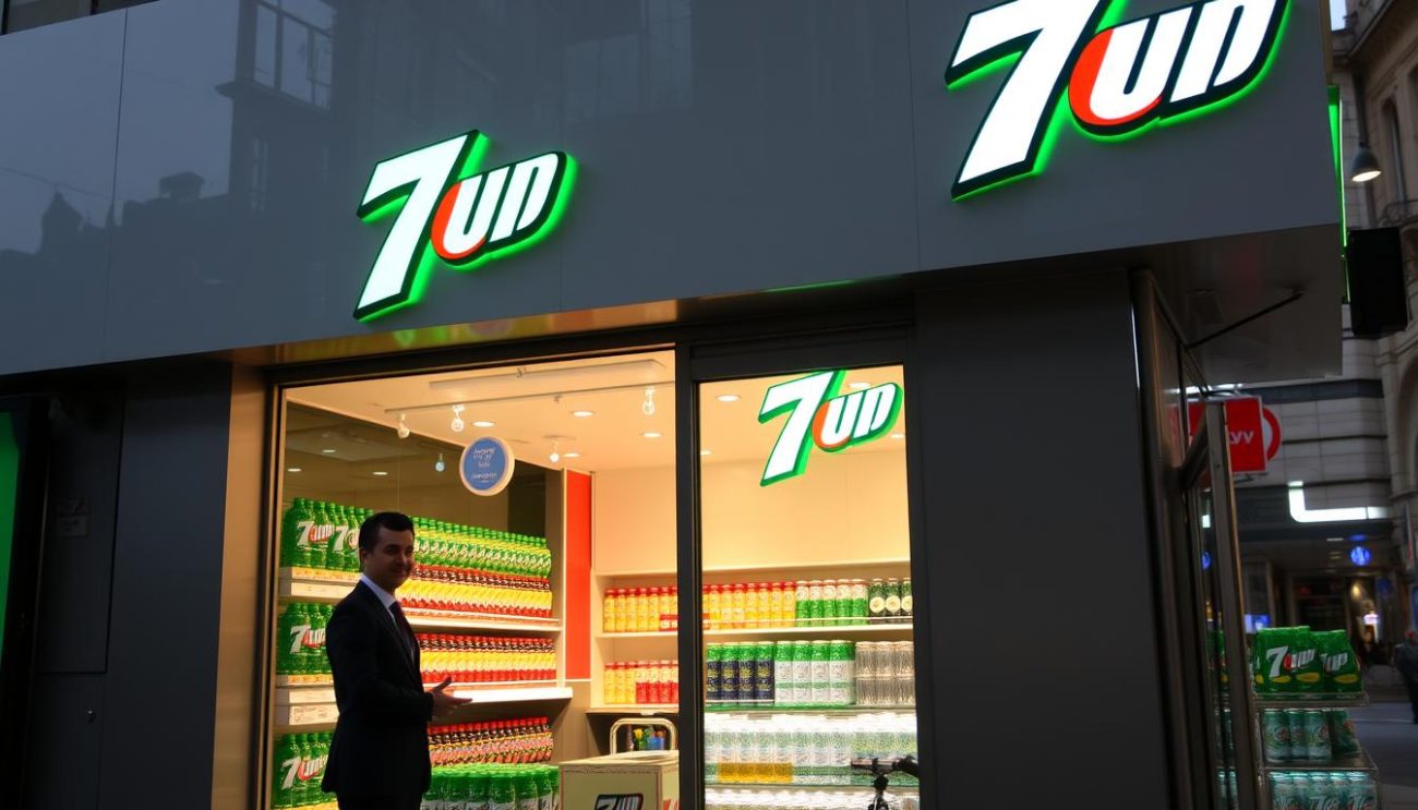Distribuidor oficial 7Up: an immaculate storefront with a sleek, modern facade, adorned with the iconic 7Up logo in vibrant green. The lighting is soft and warm, creating an inviting atmosphere. The display windows showcase a well-curated selection of 7Up products, arranged in a visually appealing manner. The foreground features a well-dressed, friendly salesperson greeting potential customers. The middle ground showcases the store's interior, with shelves stocked with 7Up bottles and cans. The background depicts a bustling city street, hinting at the distributor's strategic location and accessibility. The overall scene conveys a sense of professionalism, attention to detail, and a commitment to providing high-quality 7Up products to the community.