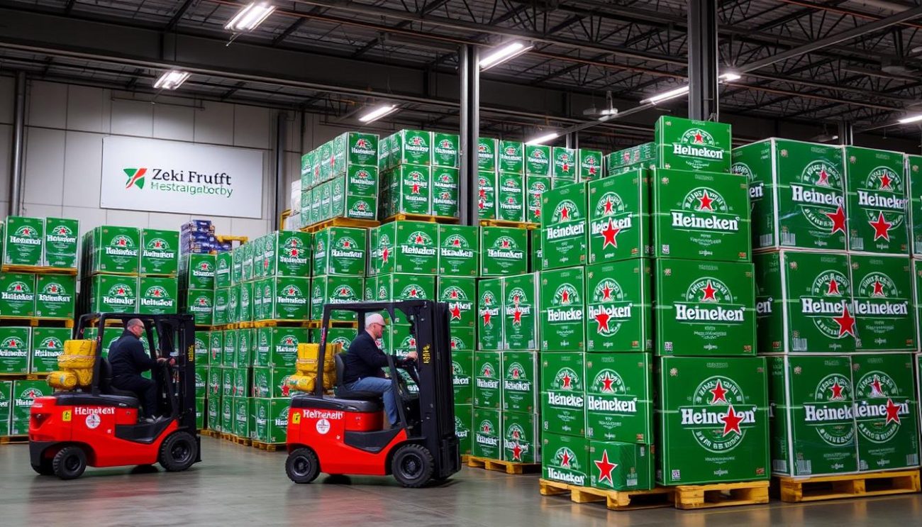 Entrepôt Zeki Frucht GmbH avec palettes de Heineken en gros