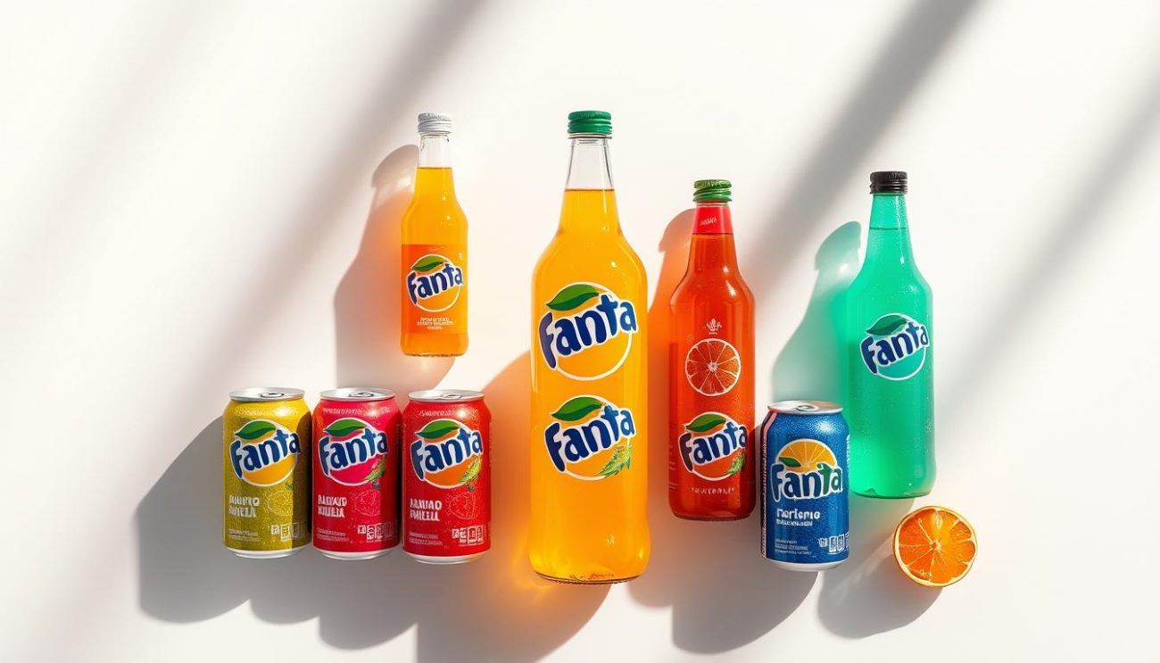 Fanta in a variety of vibrant flavors and packaging designs, artfully arranged on a clean, minimalist background. The cans and bottles are illuminated with a soft, natural lighting, casting subtle shadows that add depth and dimension. The colors of the Fanta products pop against the neutral backdrop, drawing the viewer's eye to the diverse selection. The overall composition has a sleek, modern aesthetic, capturing the essence of the "Produtos Disponíveis" section in a visually appealing and enticing manner.