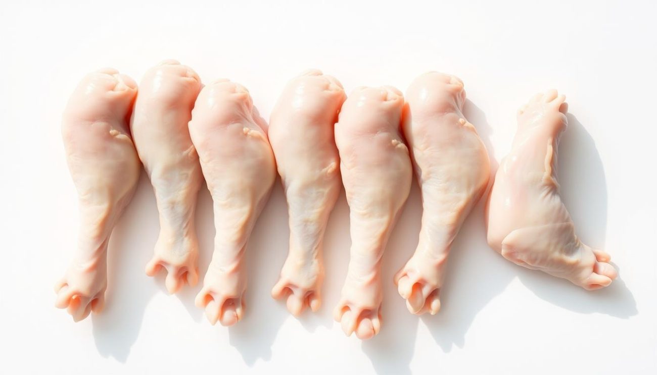 Frozen chicken feet arranged neatly on a clean, white background. The feet are plump, with a faint bluish-gray hue, showcasing their freshness. Soft, natural lighting casts gentle shadows, highlighting the textural details of the skin and nails. The scene conveys a sense of culinary potential, inviting the viewer to imagine the various dishes that could be prepared with these versatile ingredients. The overall mood is clean, clinical, and appetizing, focusing the attention solely on the subject matter.