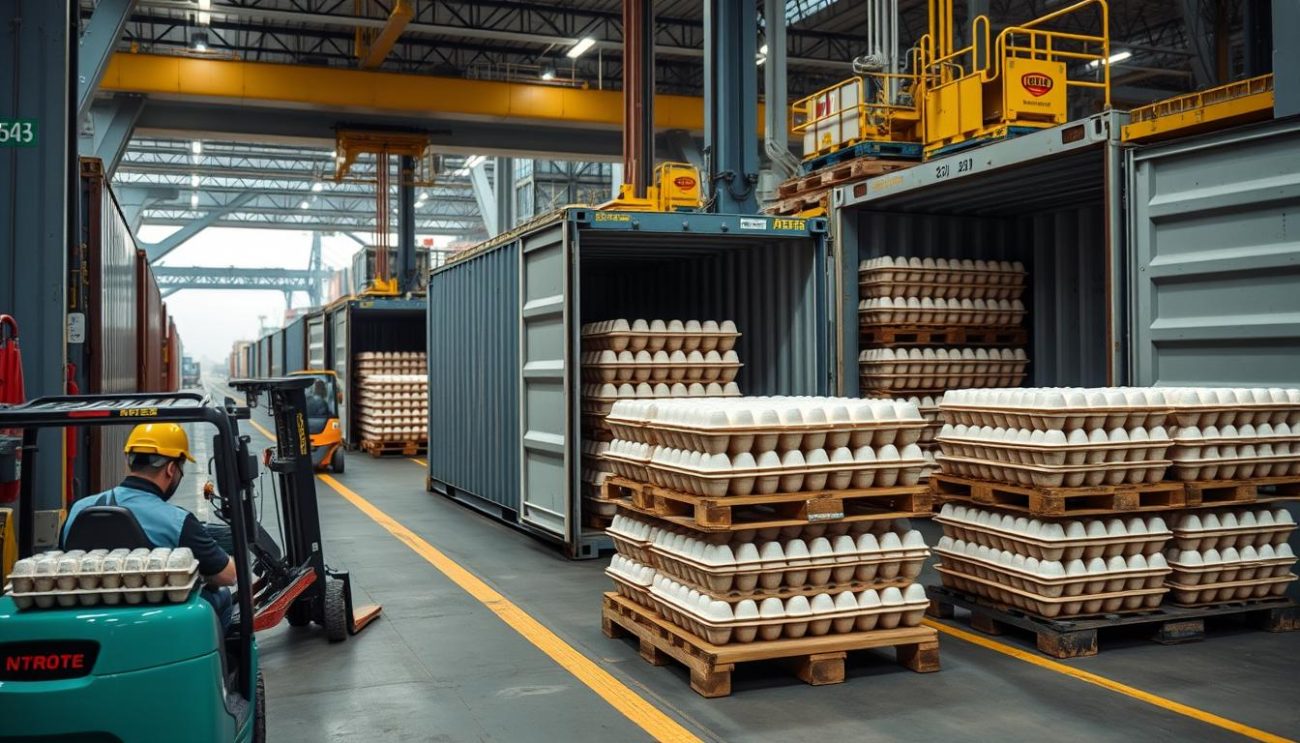 Global shipping container being loaded with fresh table eggs wholesale for export