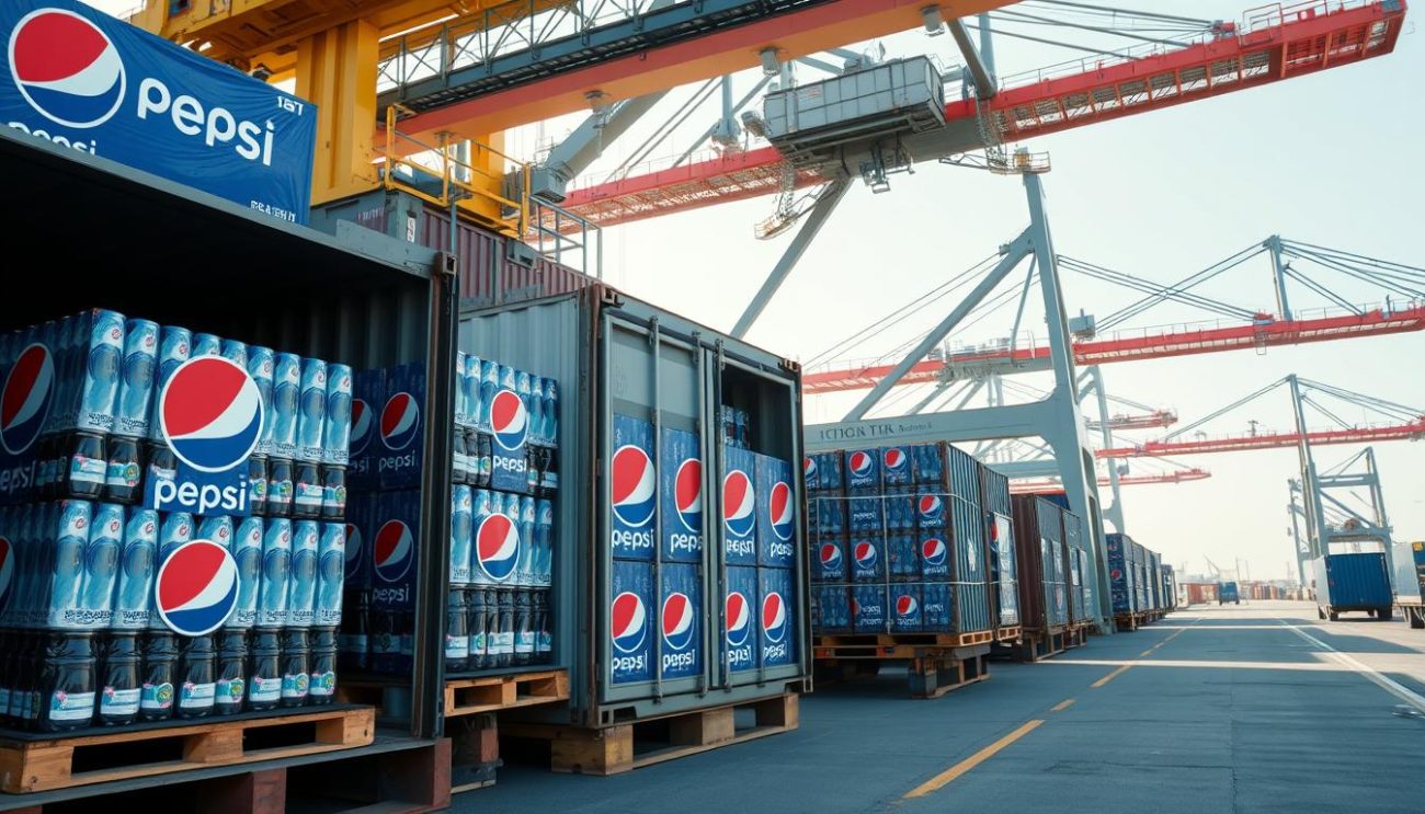 Global shipping of wholesale Pepsi products with containers being loaded for export