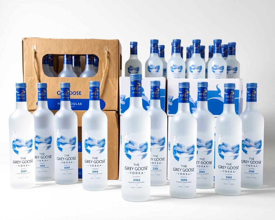 Grey Goose Vodka bottles and cases arranged for wholesale distribution showing luxury alcohol wholesale deals