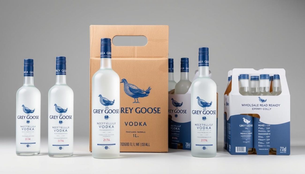 Grey Goose Vodka bottles in various sizes with wholesale packaging and case configurations for bulk orders