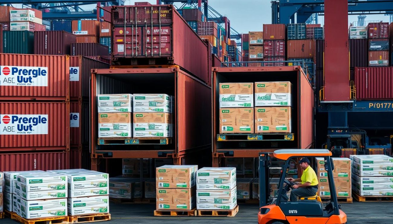 International shipping containers being loaded with sustainable food packaging for global distribution